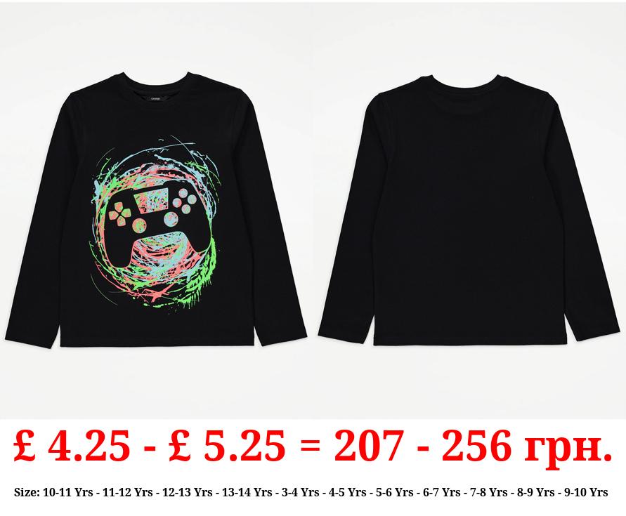 Black Gaming Controller Graphic Long Sleeve Top