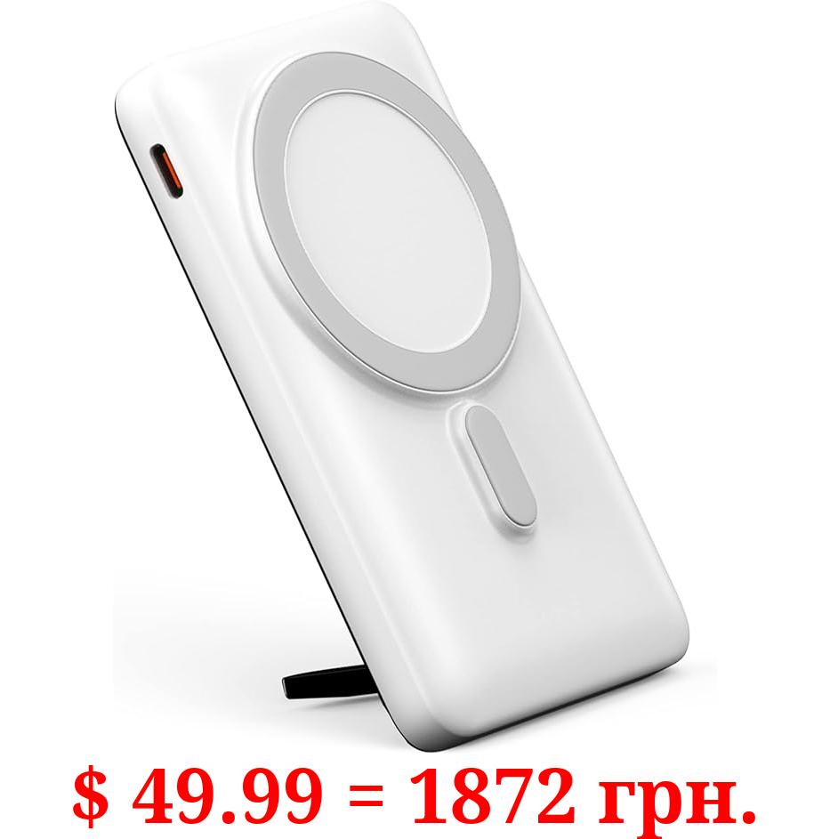 Baseus Magnetic Power Bank, 10000mAh Foldable Kickstand Wireless Portable Charger, for Magsafe Battery Pack PD 20W USB-C for iPhone 14/14 Plus/14 Pro/14 Pro Max and iPhone 13/12 Series, White