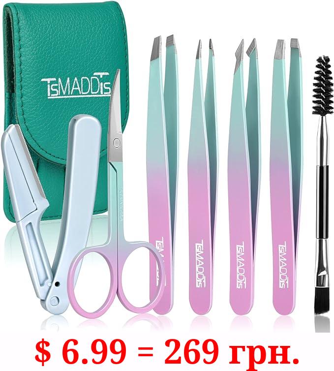 TsMADDTs Eyebrow Tweezer Set, 7 Pcs Tweezers Set for Women, Precision Tweezer for Eyebrows with Curved Scissors and Eyebrow Razor for Ingrown Hair