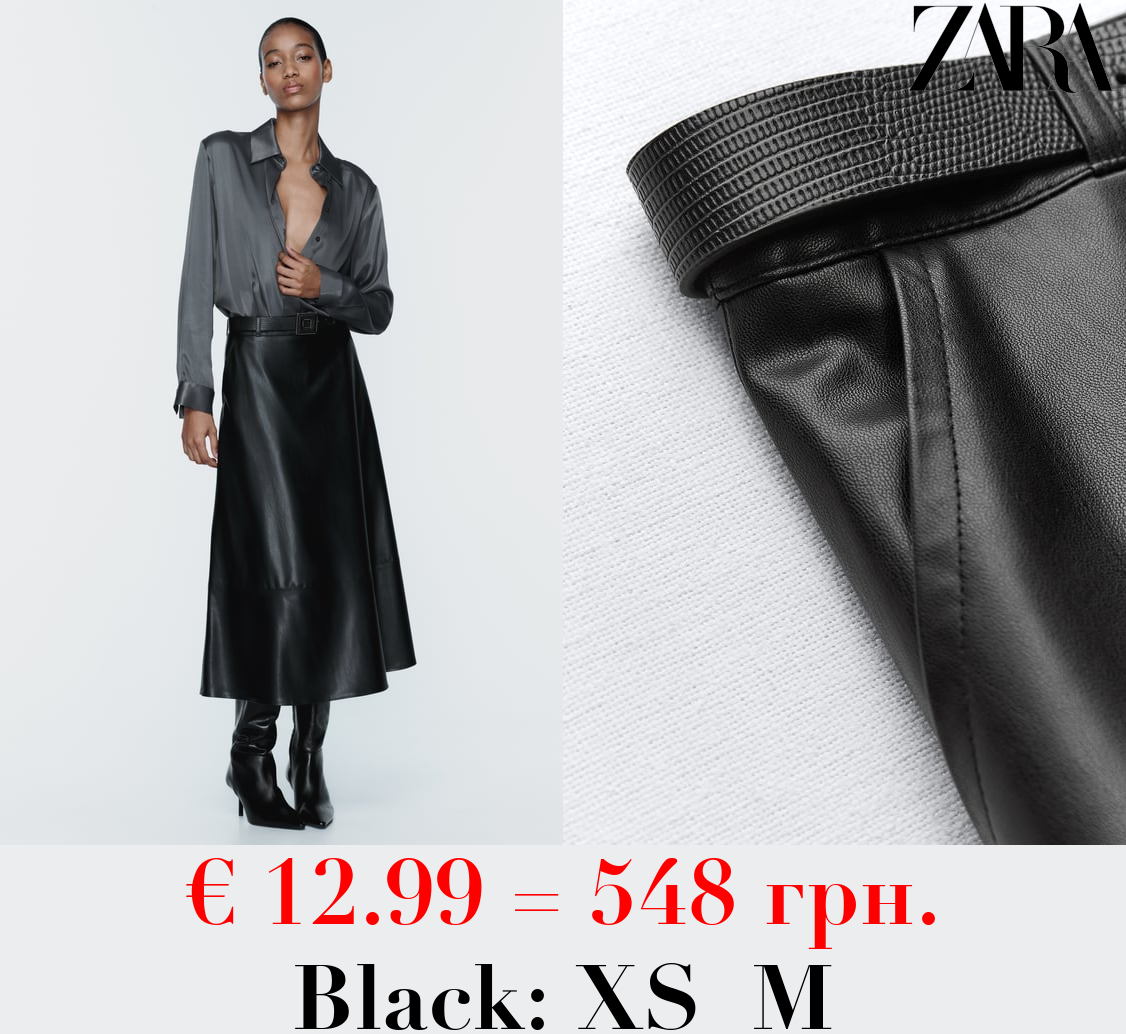 LEATHER EFFECT MIDI SKIRT WITH BELT