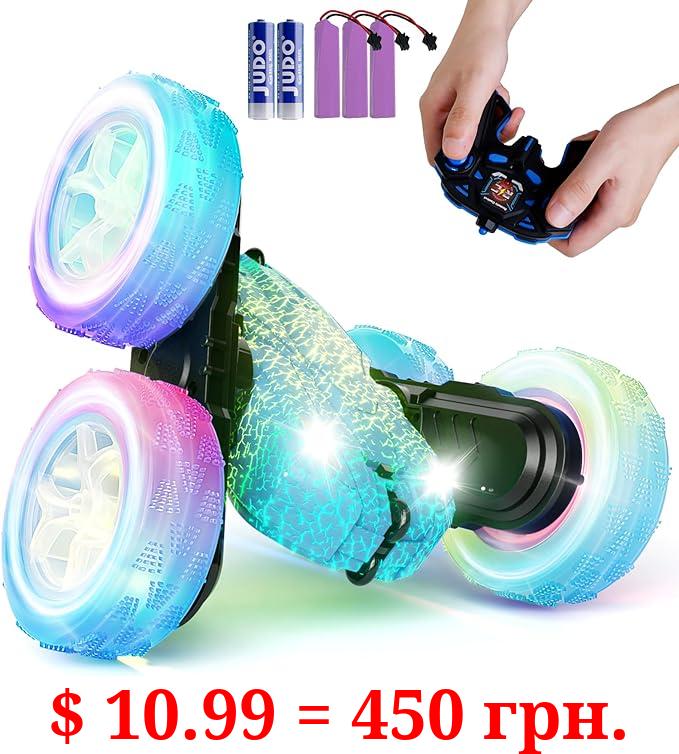 28C: Blue 4WD RC Car with Headlights and Wheel Lights, 2.4GHz Stunt Toy Car for Boys and Girls, 360 Rotation, 6 Year Old