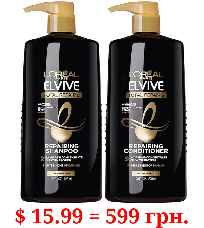 L'Oreal Paris Elvive Total Repair 5 Repairing Shampoo and Conditioner for Damaged Hair, 28 Ounce (Set of 2)