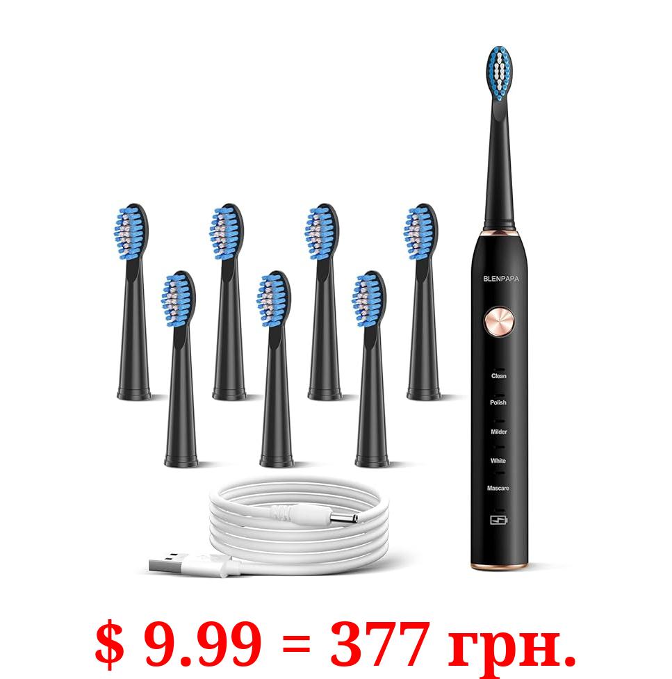 Teeth & Gums Care Electric Toothbrush, IPX7 Waterproof Sonicare 38000VPM, Fast Charge Long Last with Intelligent Time Reminder 5 Optional Modes Dupont Brush Heads, Travel, Indoor, Outdoor, Black