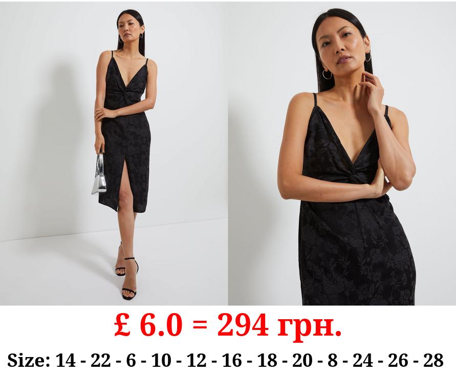 Black Jacquard Satin Strappy Midi Dress