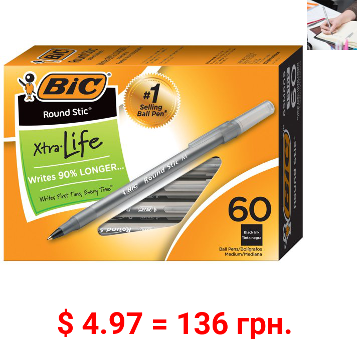 BIC Round Stic Xtra Life Ball Pen, Classic Medium Point (1.0mm), Black, Box of 60 Ballpoint Pens, Smooth Writing