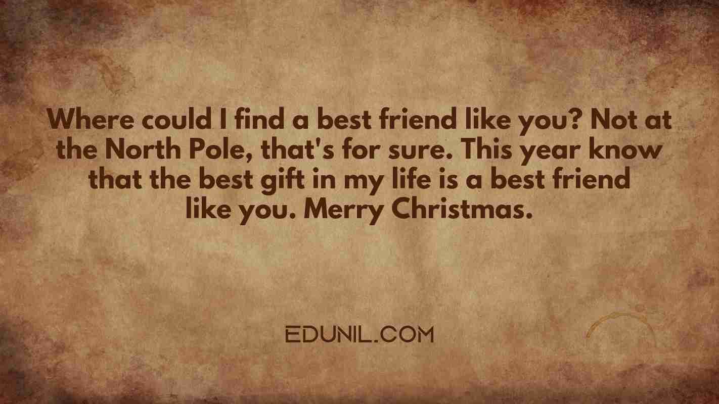 Where could I find a best friend like you? Not at the North Pole, that's for sure. This year know that the best gift in my life is a best friend like you. Merry Christmas. - 
