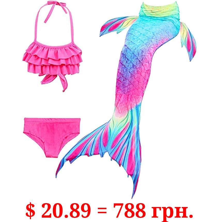 DNFUN Mermaid Tails Kids 3Pcs Mermaid Swimsuit for Girls Mermaid Bathing Suit,Without Monofin