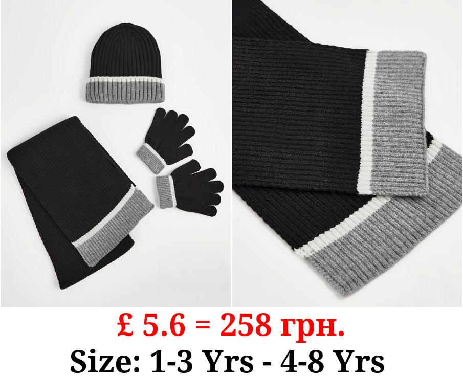 Black Striped Hat Scarf and Gloves Set