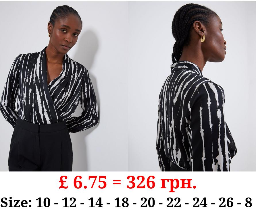 Black Patterned Wrap Front Satin Blouse