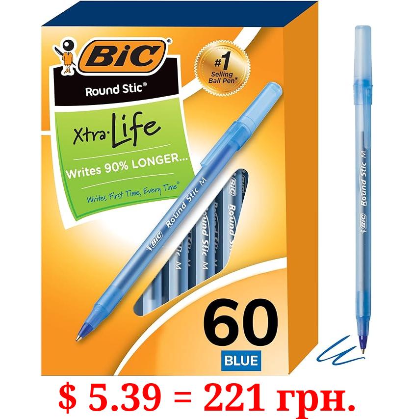 BIC Round Stic Xtra Life Blue Ballpoint Pens, Medium Point (1.0mm), 60-Count Pack of Bulk Pens, Flexible Round Barrel for Writing Comfort, No. 1 Selling Ballpoint Pens