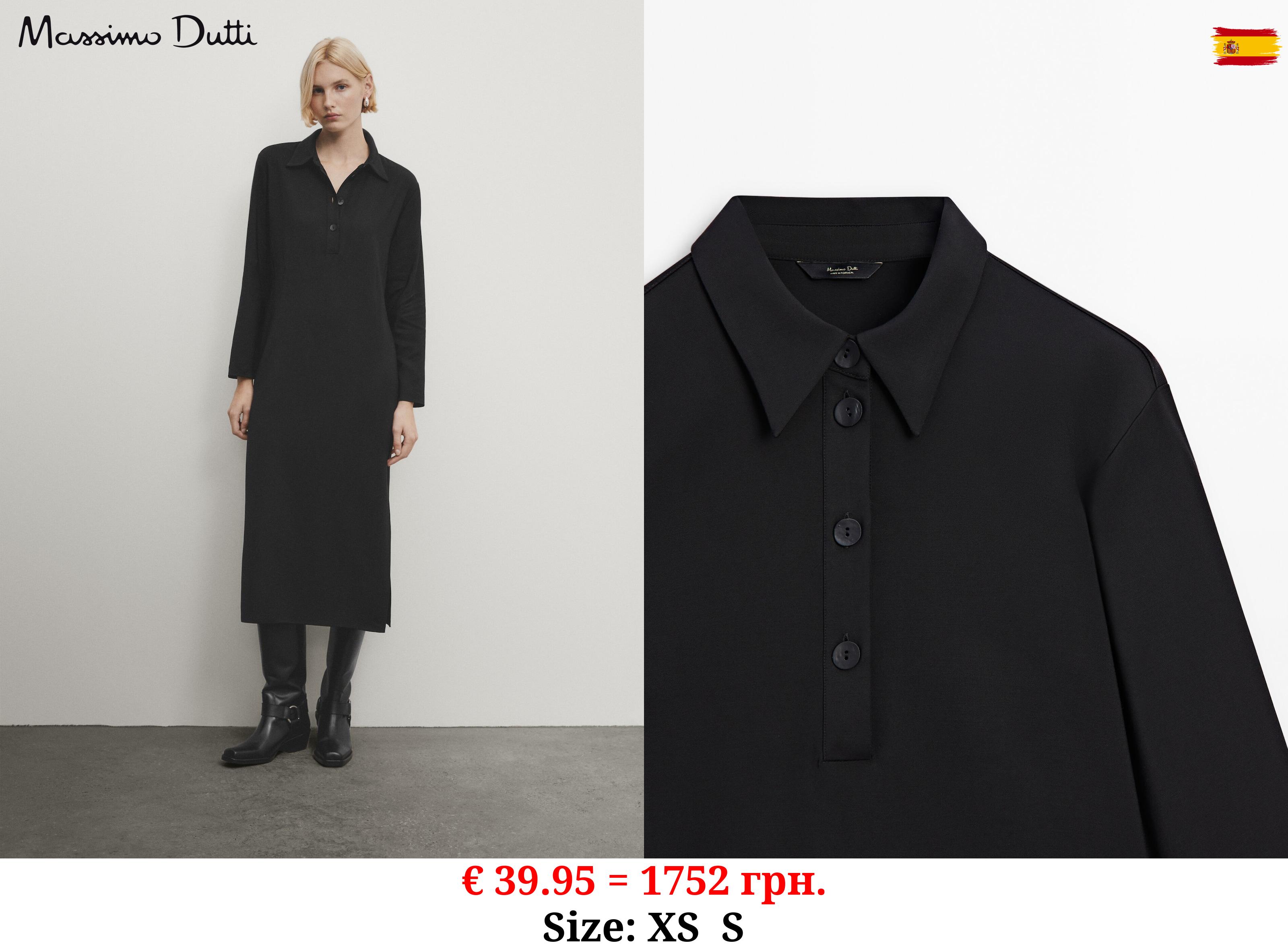 Polo collar midi dress with slit BLACK