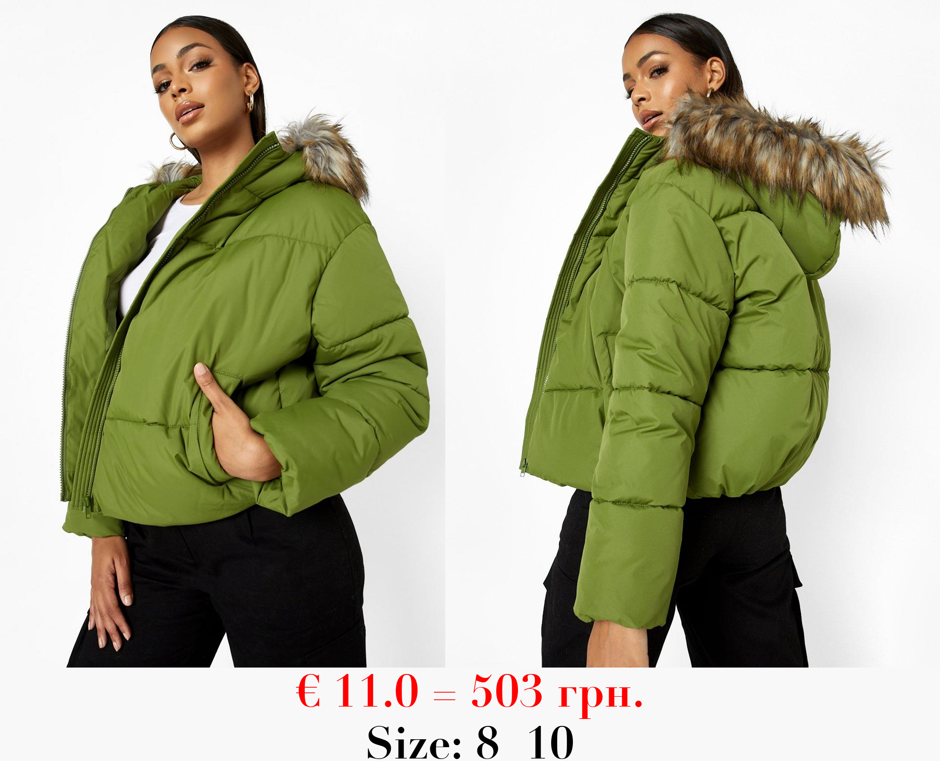 Recycled Faux Fur Trim Hooded Puffer Jacket