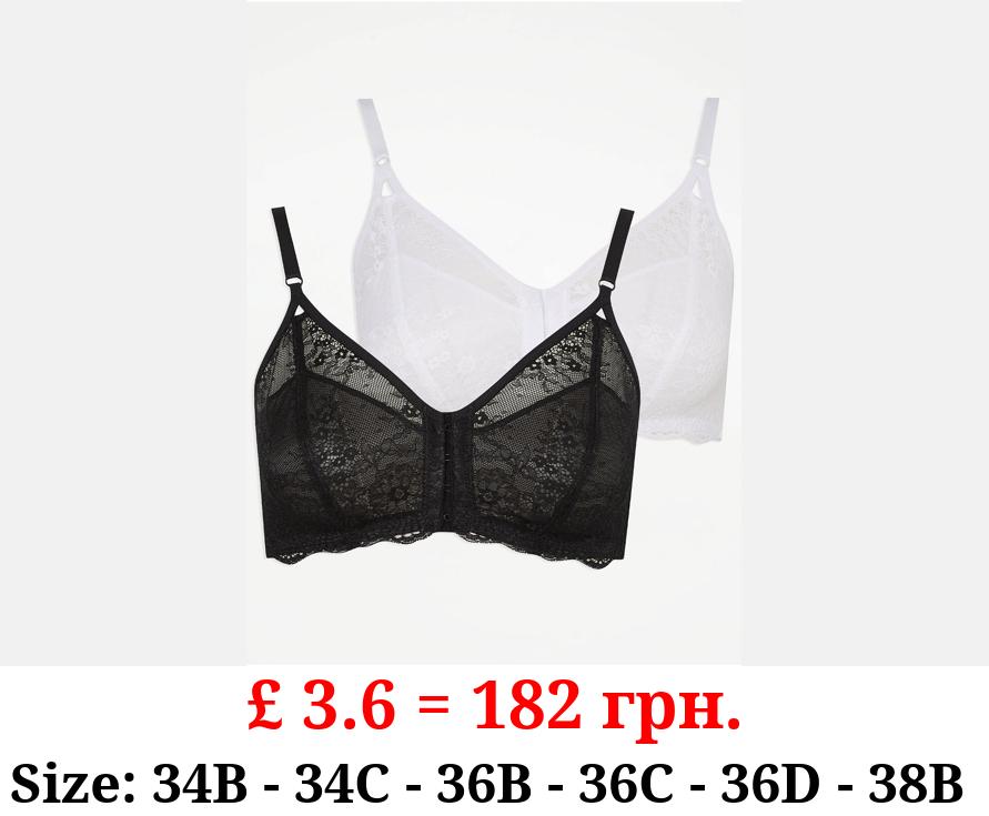 Front Fastening Lace Non Wire Support Bras 2 Pack