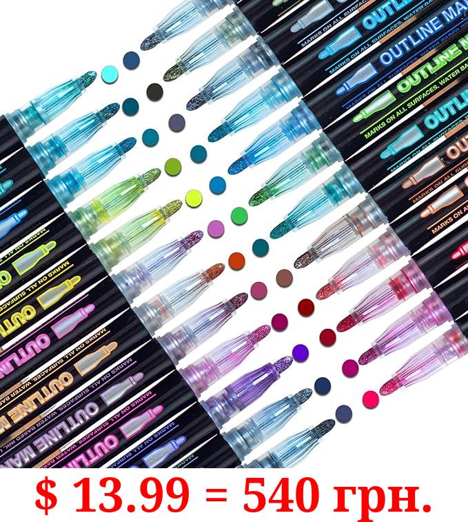 Shimmer Markers Outline Double Line: 24 Colors Glitter Metallic Pen Set Super Squiggles Sparkle Cool Fun Self Sparkly Kid Age 4 8 10 12 Girl Gift Doodle Supplies Art Craft Girl Stocking Stuffer
