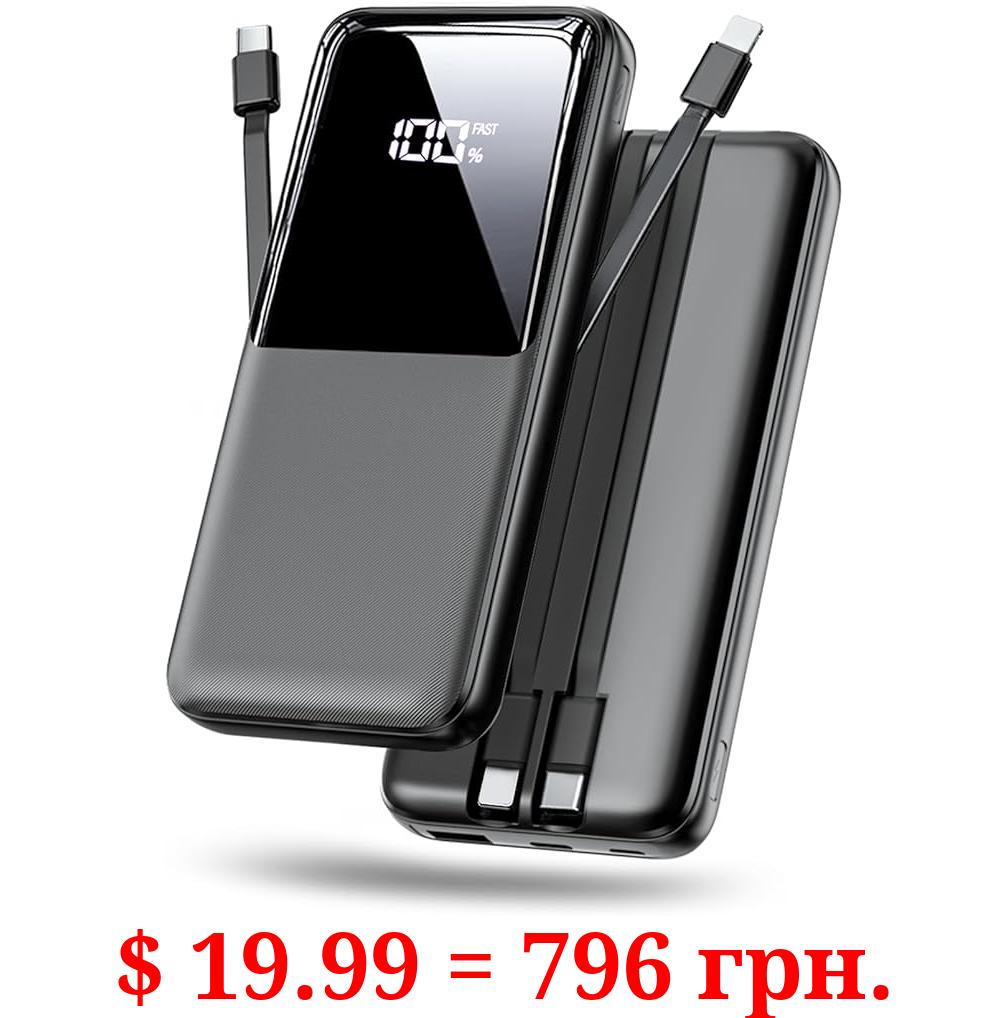 CFIAI Portable Charger Power Bank - 15000mAh Fast Charging Portable Phone Charger with Built in USB-C(22.5W) and iOS(20W) Output Cable, LED Display Battery Pack for iPhone Android Samsung etc(1 Pack)