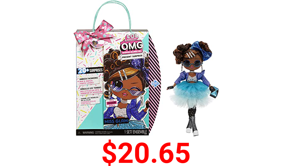 LOL Surprise OMG Present Surprise Fashion Doll Miss Glam with 20 Surprises, Birthday Inspired, 5 Fashion Looks, Accessories, Posable, Playset Gift for Kids, Toys for Girls Boys Ages 4 5 6 7+ Years Old