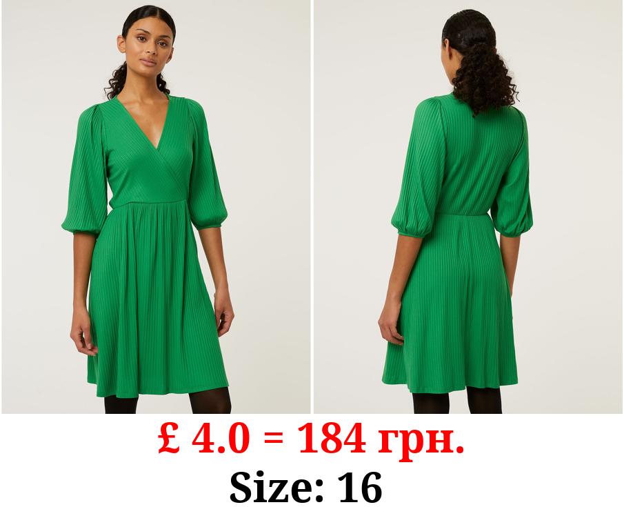 Green Long Sleeve Ribbed Wrap Mini Dress