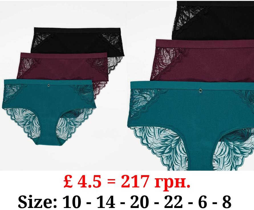 Lace Back Ribbed Midi Knickers 3 Pack