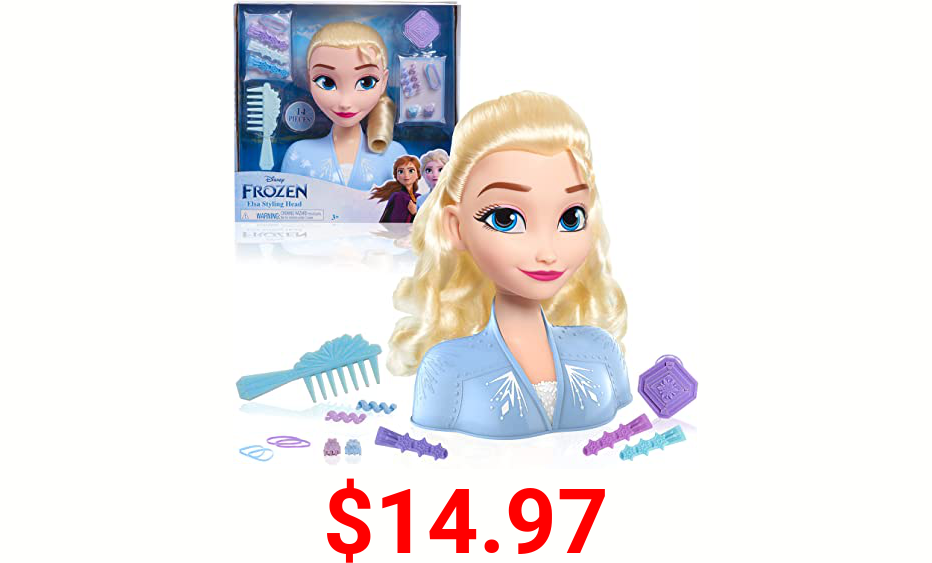 Disney Frozen 2 Elsa Styling Head, 14-Pieces Include Wear and Share Accessories, Blonde, Hair Styling for Kids, by Just Play