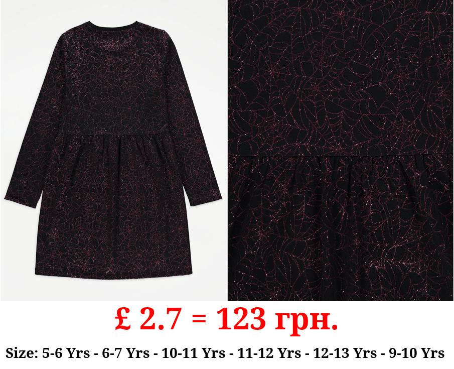 Halloween Glitter Spider Web Print Long Sleeve Dress