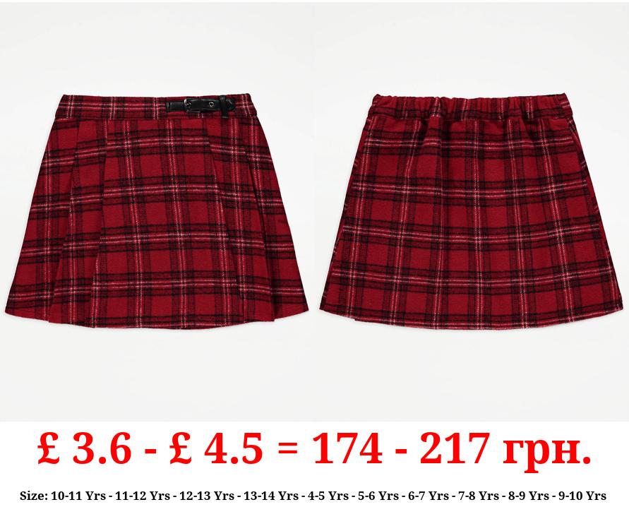 Red Checked Pleated Skirt
