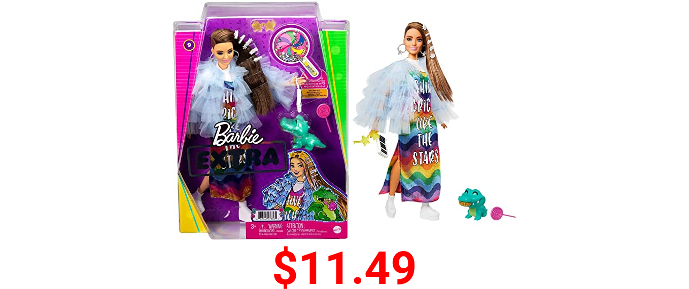 Barbie Extra Doll #9 in Blue Ruffled Jacket with Pet Crocodile, Long Brunette Hair with Bling Hair Clips, Layered Outfit & Accessories, Multiple Flexible Joints, Gift for Kids 3 Years Old & Up , White