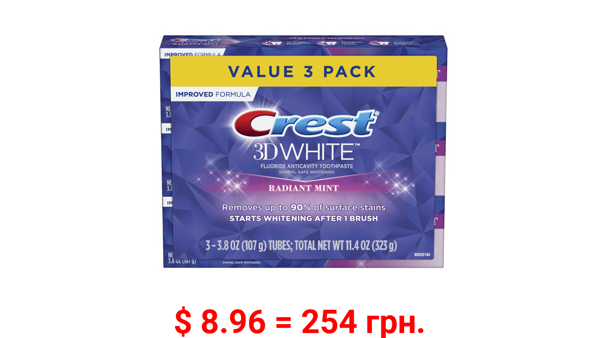 Crest 3D White Radiant Mint, Teeth Whitening Toothpaste, 3.8 oz, Pack of 3