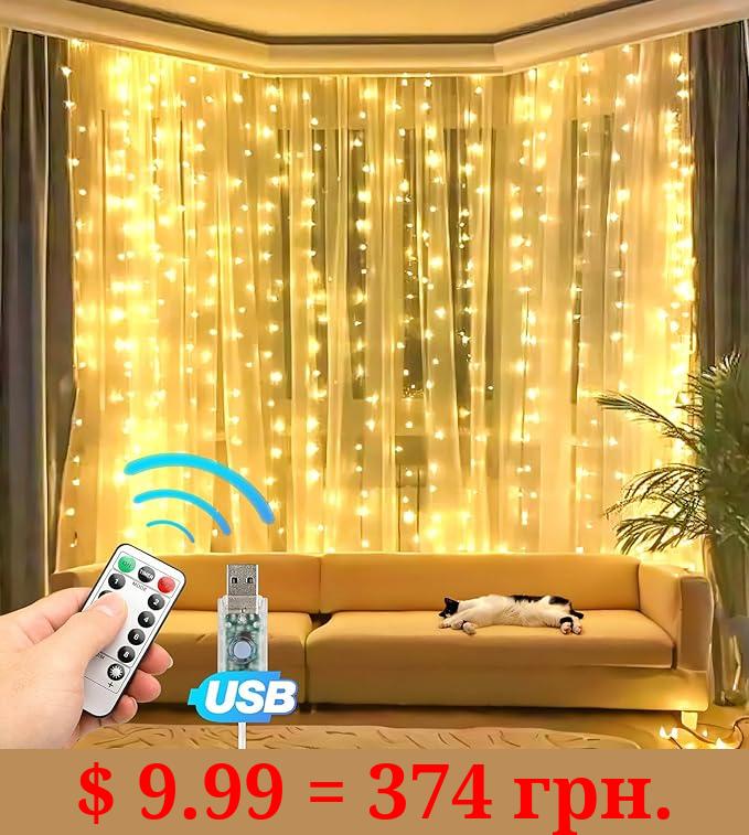 Eueasy 300 LED Curtain Lights, 9.8ft x 9.8ft Fairy Lights with 8 Modes, String Hanging Lights, Remote Control, Perfect for Indoor/Outdoor Christmas, Wedding, Party Wall Decorations (Warm White)