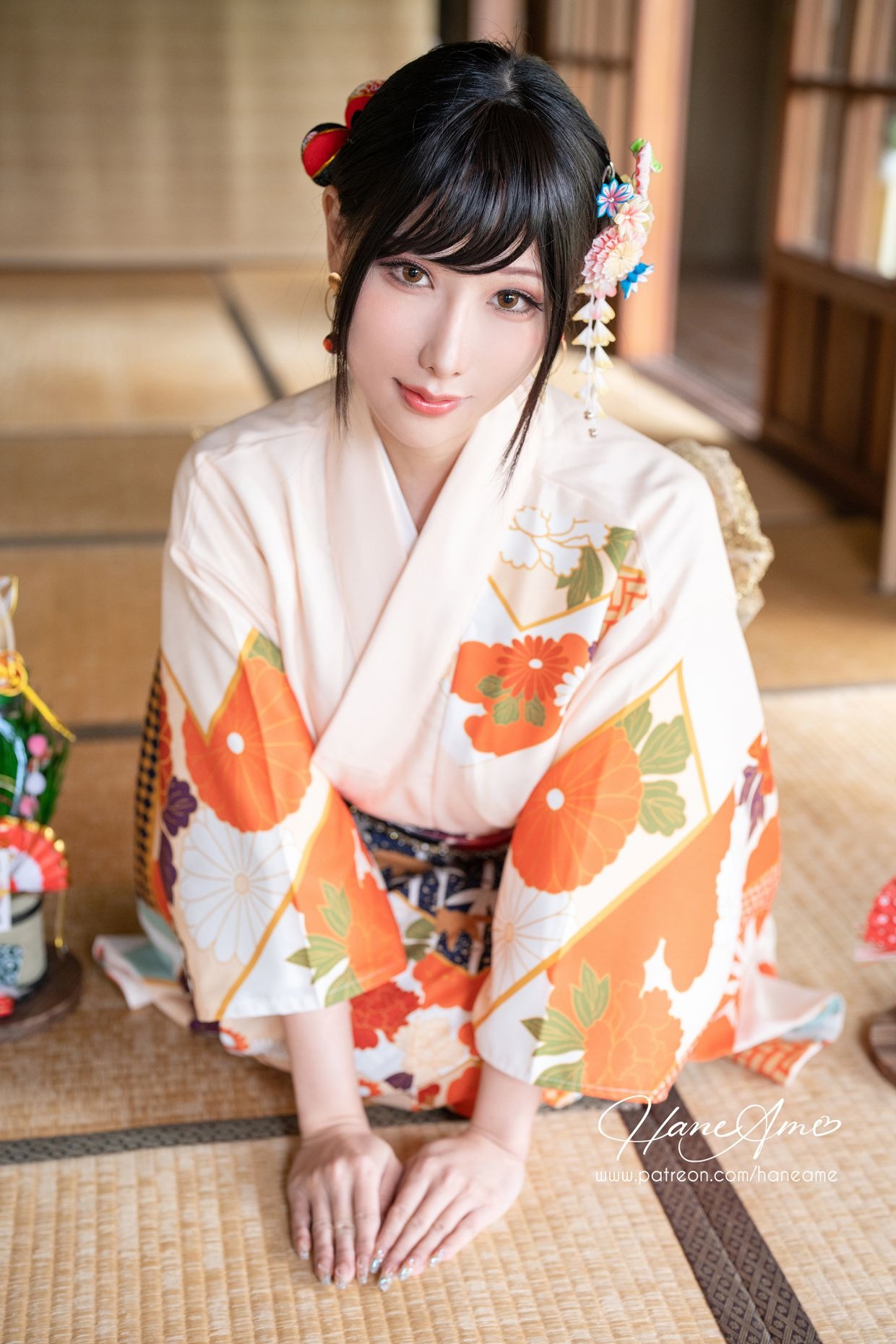 HaneAme 雨波 — Flower Print Kimono Girl 14