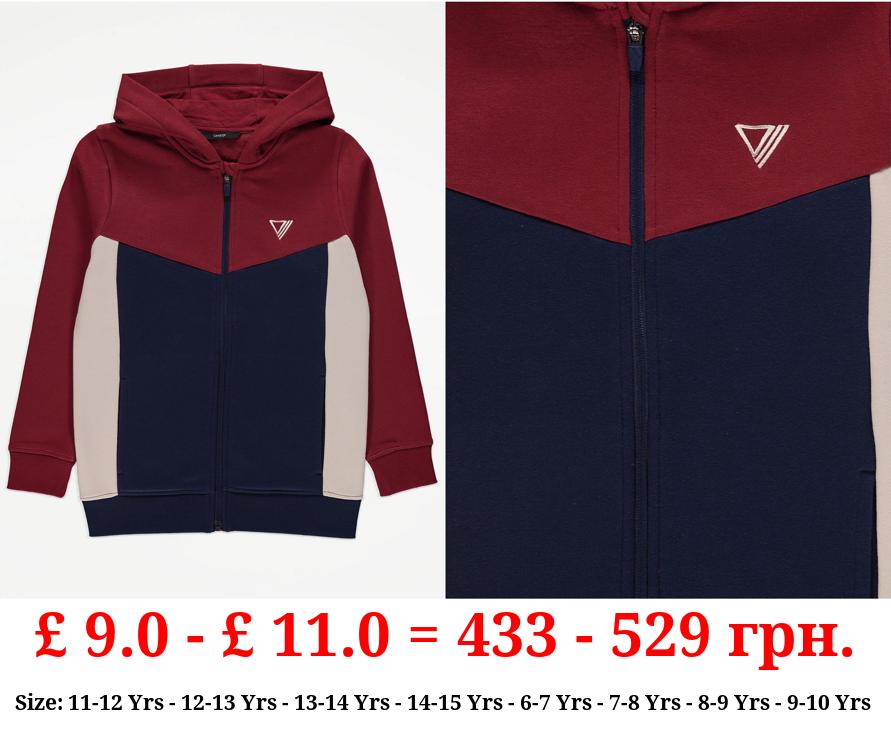 Red Colour Block Zip Up Hoodie