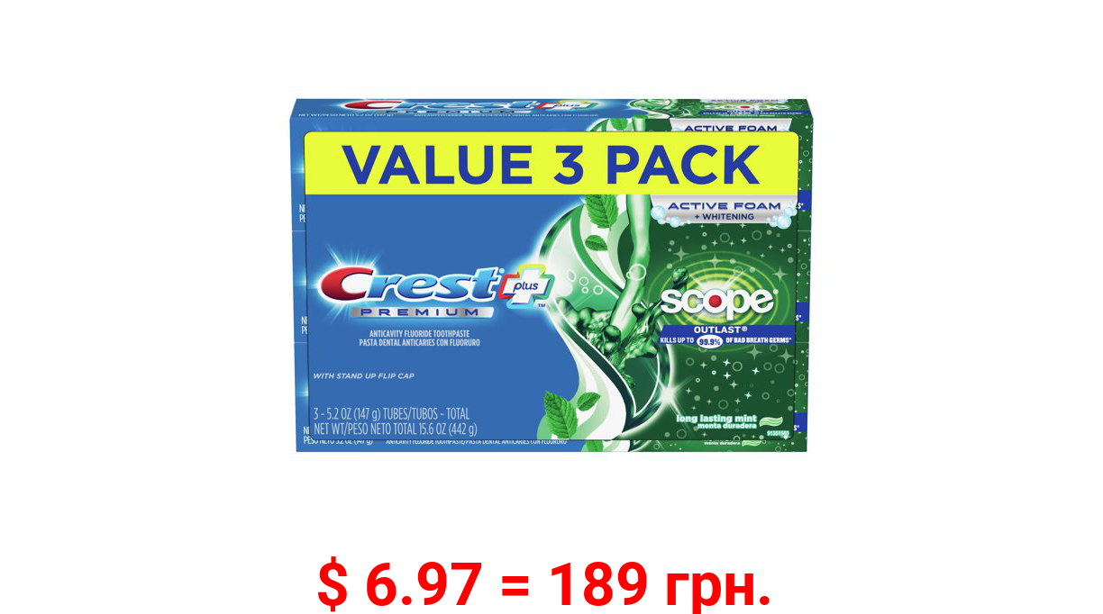 Crest Premium Plus Scope Outlast Toothpaste, Mint, 5.2 Oz, 3 Pack