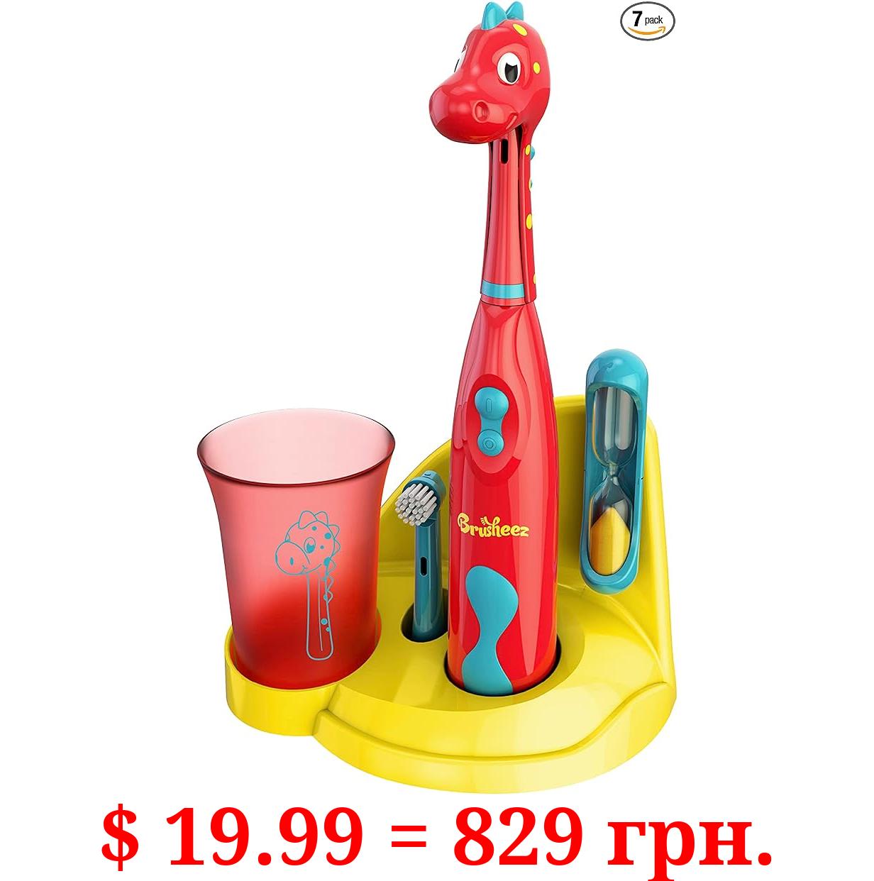 Brusheez® Kids’ Electric Toothbrush Set - Safe & Effective for Ages 3+ - Parent Tested & Approved with Gentle Bristles, 2 Brush Heads, Rinse Cup, 2-Minute Timer, & Storage Base (Pepper the Dino)