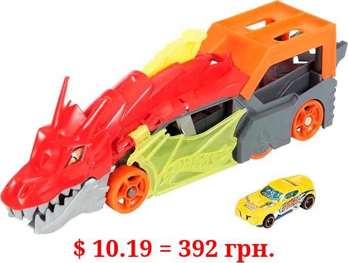 Hot Wheels Toy Car Track Set City Dragon Launch Transporter & 1:64 Scale Car, Stores Up to 5 Vehicles