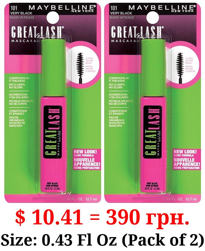 Maybelline Great Lash Washable Mascara Makeup, Volumizing Lash-Doubling Formula That Conditions As It Thickens, Very Black, 2 Count