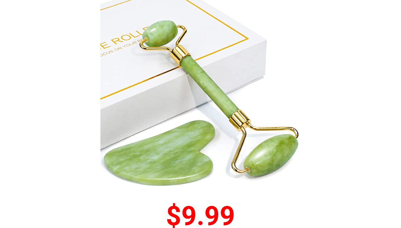 Gua Sha Facial Tool & Jade Roller Set from Huefull designed to reduce puffiness and improve wrinkles, massage tools for your face and body treatment