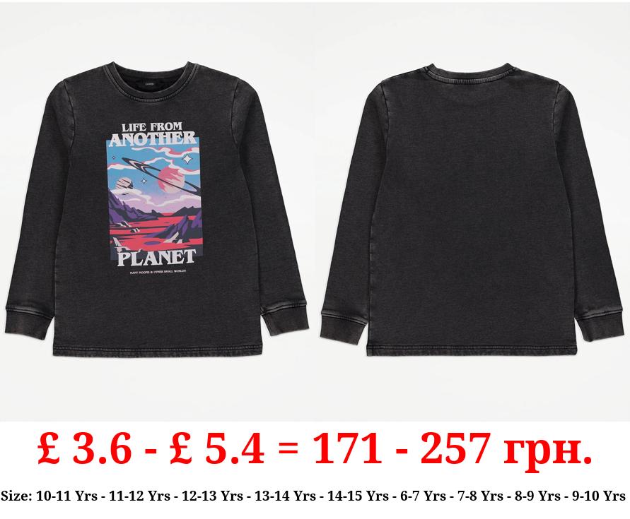 Grey Washed Planet Graphic Long Sleeve Top