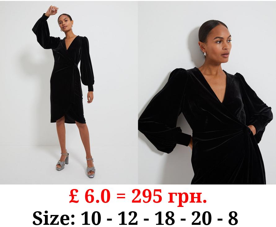 Black Wrap Around Velvet Midi Dress