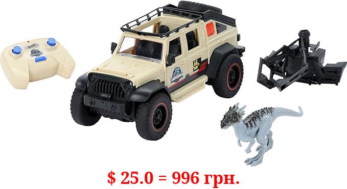 Hot Wheels Matchbox RC Jurassic World Dominion Jeep Gladiator, 6-inch Dracorex Dinosaur Figure, Remote-Control Toy Car with Auto-Capture Claw