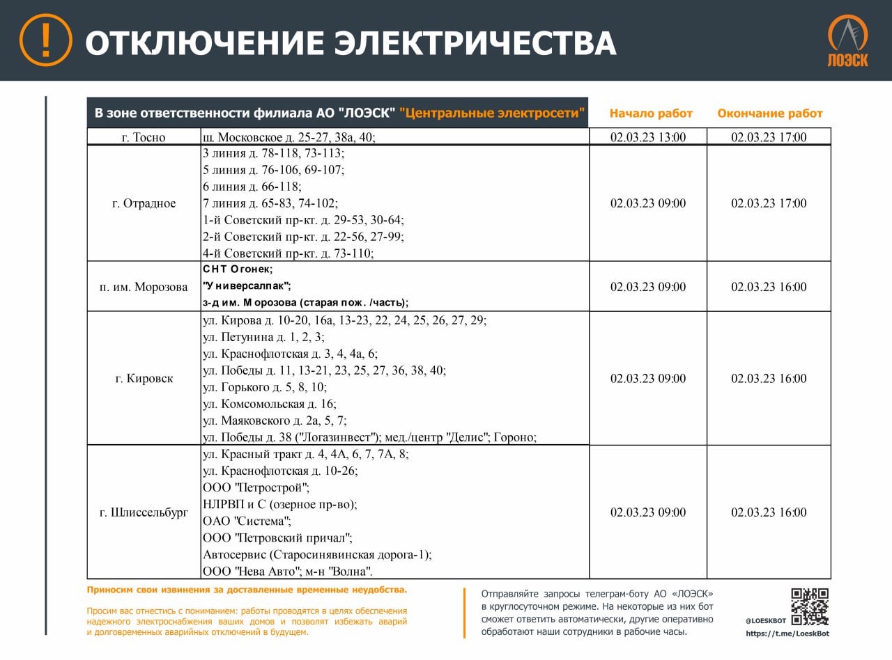 График плановых отключений электроэнергии.