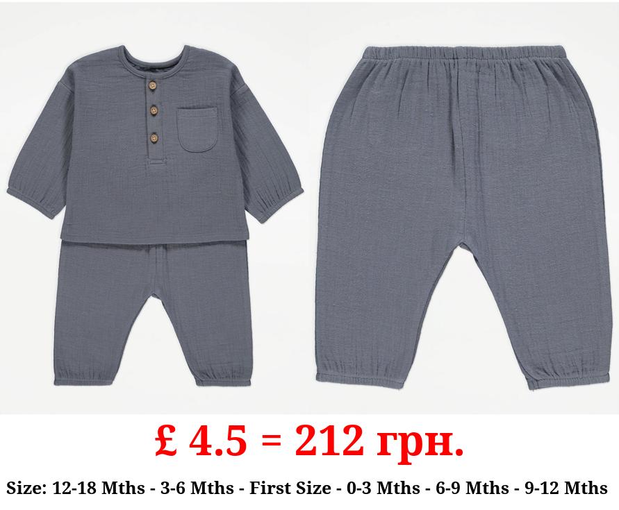 Blue Cheesecloth Long Sleeve Top and Trousers Outfit