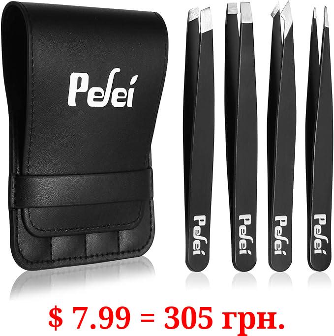 Pefei Tweezers Set - Professional Stainless Steel Tweezers for Eyebrows - Great Precision for Facial Hair, Splinter and Ingrown Hair Removal (Black)