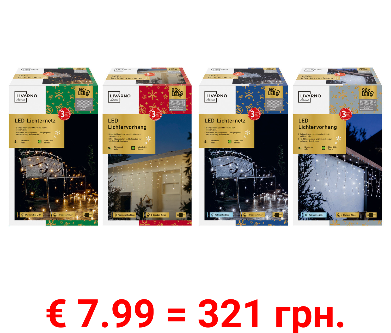 LIVARNO home LED-Lichtervorhang, 96 LEDs / LED-Lichternetz, 160 LEDs