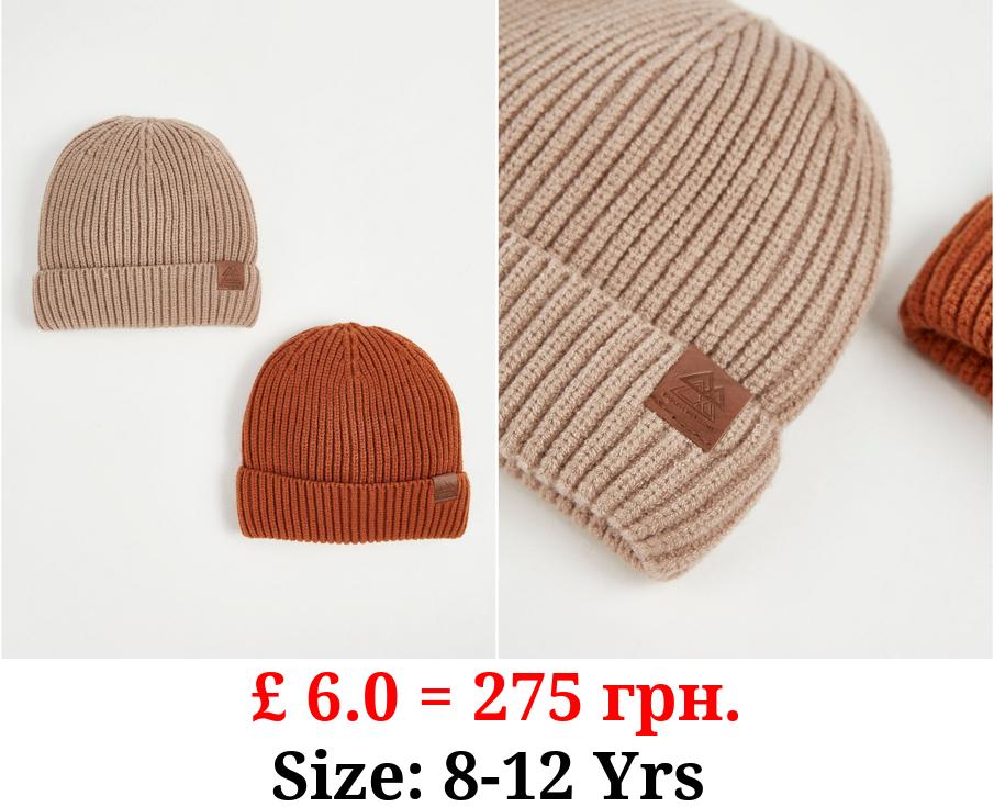 Knitted Badged Beanie Hat 2 Pack