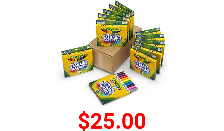 Crayola Ultra Clean Washable Markers, Broad Line, 12 Pack, 10 Colors