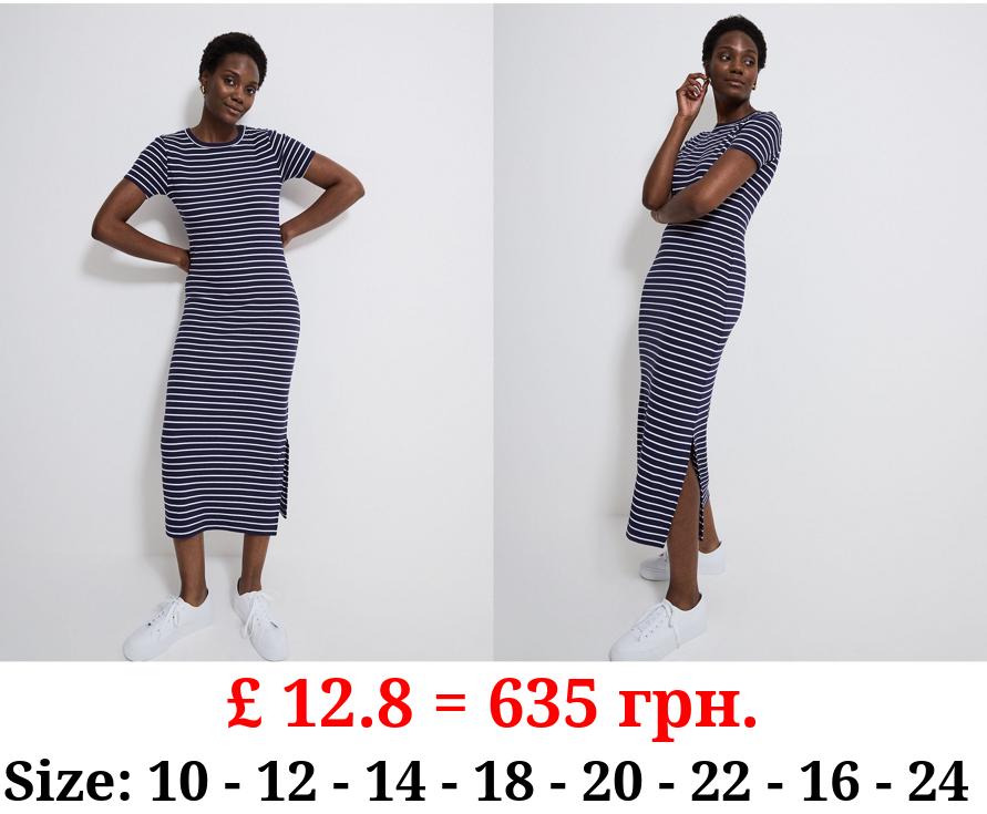 Navy Striped Ribbed Midi T-Shirt Dress