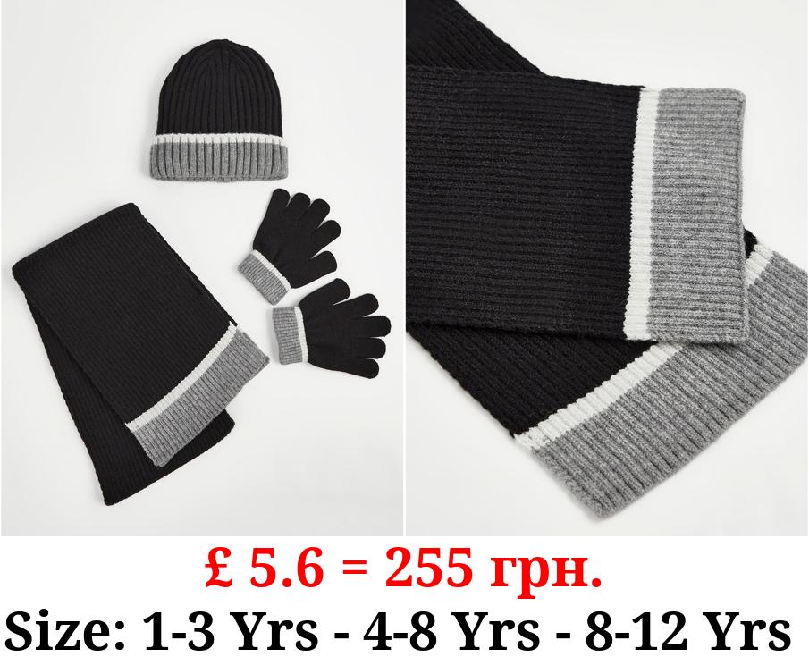 Black Striped Hat Scarf and Gloves Set