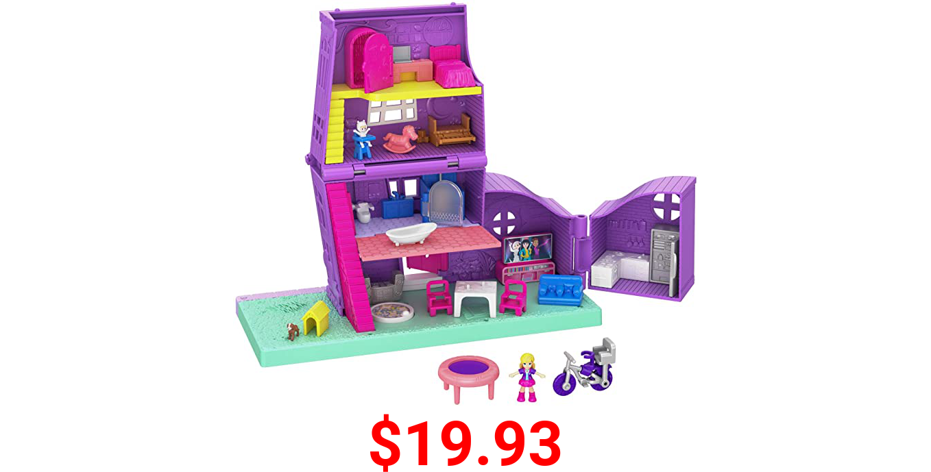 Polly Pocket Pollyville Pocket House with 4 stories, 5 rooms, 4 hidden reveals, 11 accessories & Polly and Paxton Pocket Micro Dolls; For Ages 4 and Up