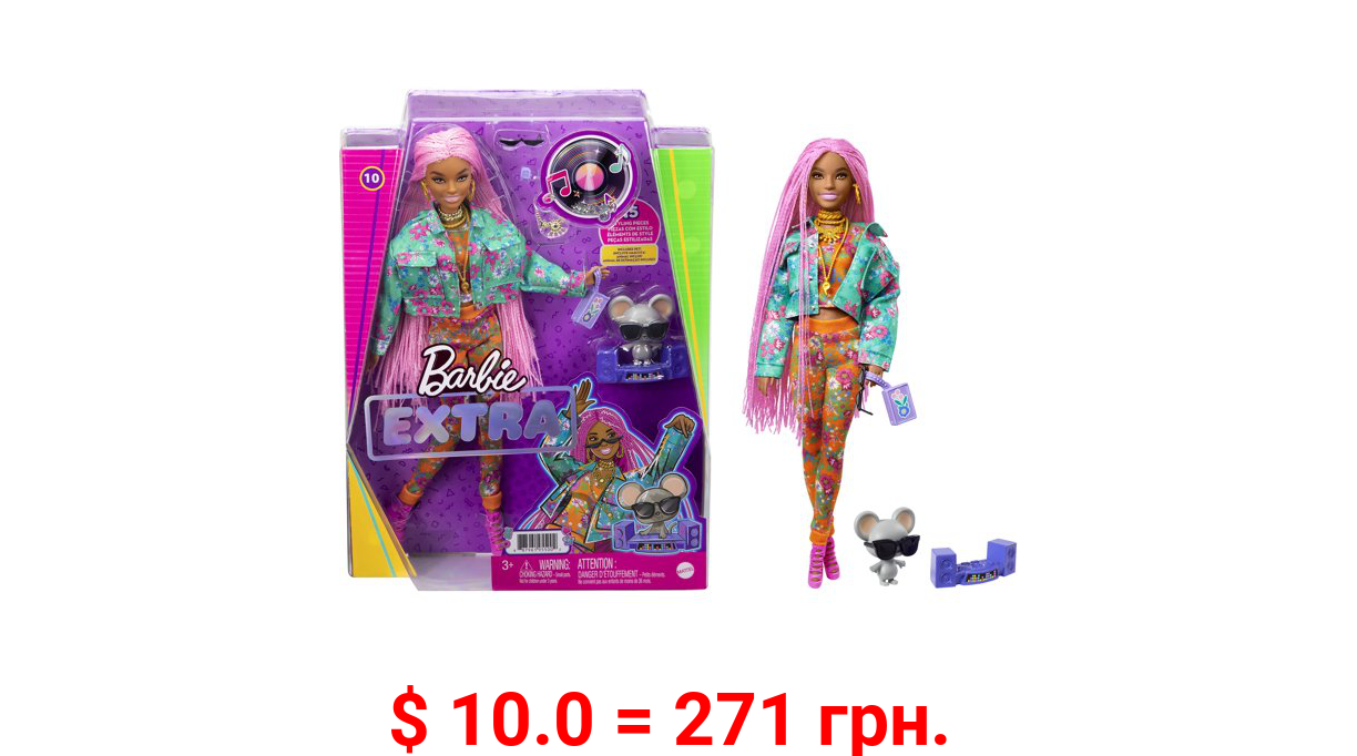 Barbie Extra Doll 10 In Floral-Print Jacket With Dj Mouse Pet For Kids 3 Years Old And Up
