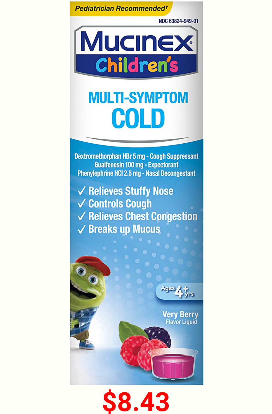 Mucinex Children's Multi-Symptom Cold Relief Liquid- Relieves Stuffy Nose, Chest Congestion, Cough & Mucus, Expectorant & Cough Suppressant With Dextromethorphan, Guaifenesin, Phenylephrine, 4 oz.