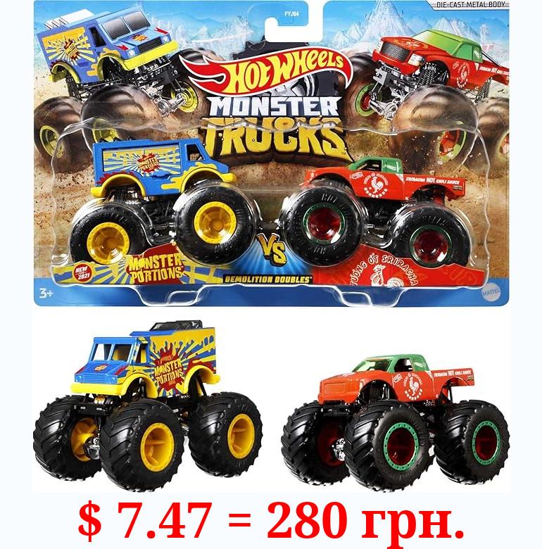 Hot Wheels Monster Trucks Demolition Doubles Stocking Stuffer, Set of 2 Toy Monster Trucks in 1:64 Scale (Styles May Vary)